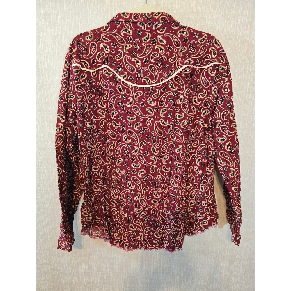 Umgee Burgundy Paisley Corduroy Western Button Down Shirt Raw Hem Large New - Picture 2 of 9